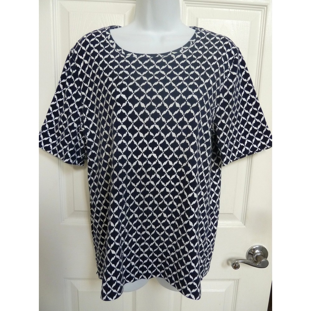 CHICO'S Sz 2=12/14 L, Cotton Tee Top Criss-Cross Design Blue & White